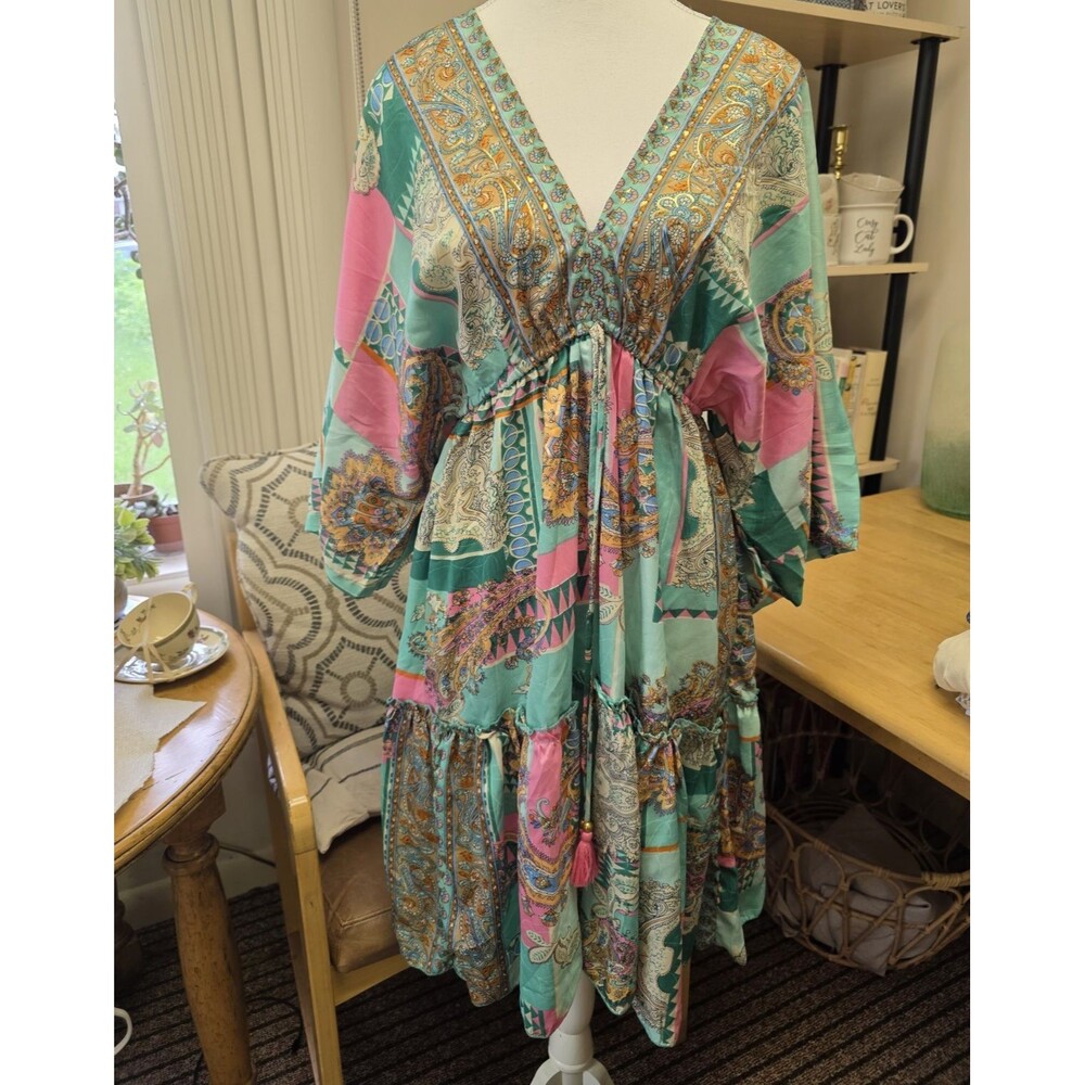 Bigg Bull One Size Kaftan Midi Dress V-Neck Paisley Green Pink 70% Silk M